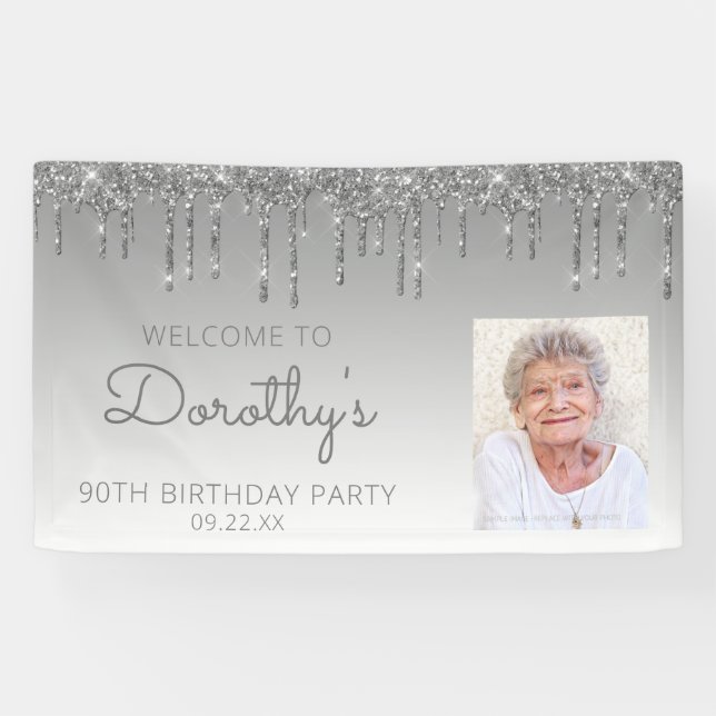 Custom Photo Silver Glitter Drip 90th Birthday Banner (Horizontal)