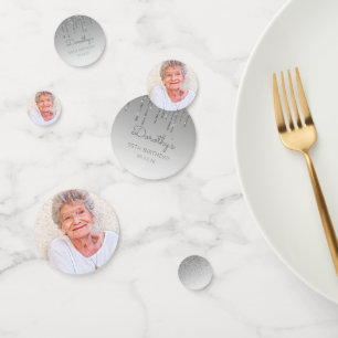 Custom Photo Silver Glitter Drip 90th Birthday Confetti