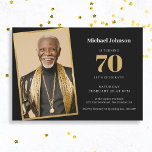 Custom Photo Simple Black Gold 70th Birthday Party Invitation<br><div class="desc">Custom Photo Simple Black Gold 70th Birthday Party Invitation. Celebrate a milestone in style with our invitation design that seamlessly blends simplicity and sophistication. The timeless combination of black and gold sets the tone for an elegant affair, ensuring your milestone birthday is a truly classy event. The design features a...</div>