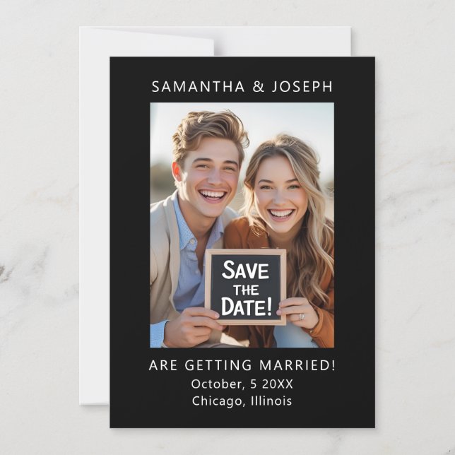 Custom Photo Simple Black Wedding Save the Date Magnetic Invitation (Front)