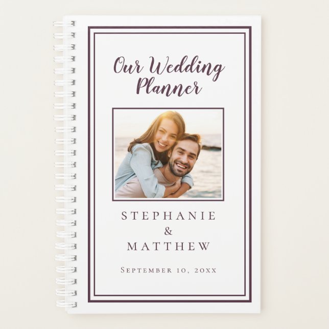 Custom Photo Simple Cassis Purple & White Wedding Planner (Front)