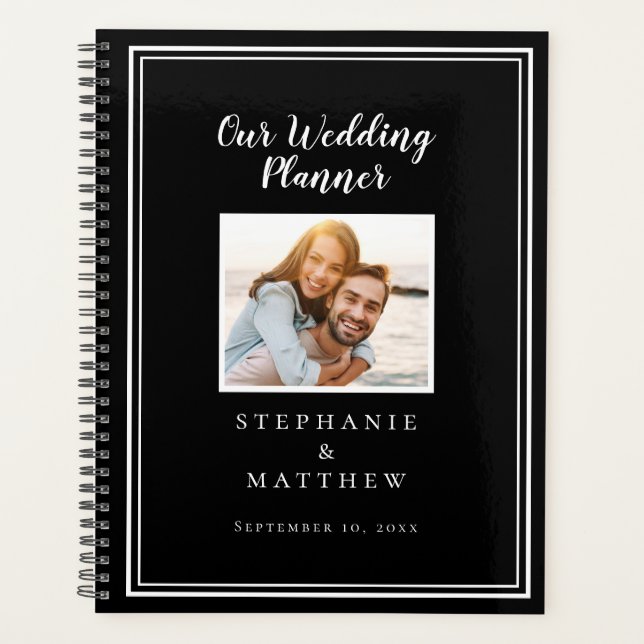 Custom Photo Simple Chic Black & White Wedding Planner (Front)