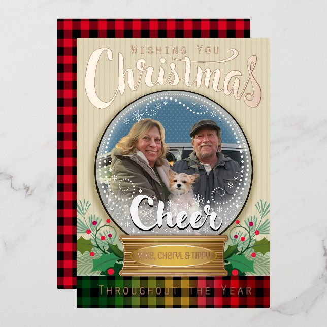 Custom Photo Snow Globe Christmas Real Foil  Holiday Card (Front/Back)
