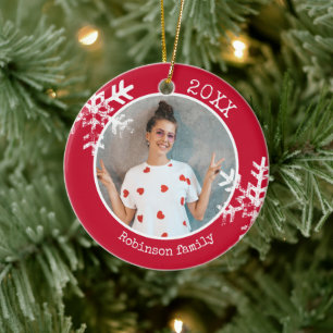 Custom Photo Snowflake Red Circle Ornament