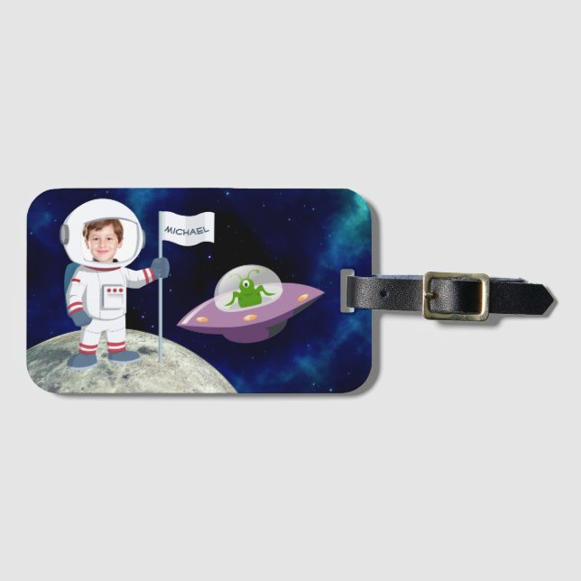Custom Photo Spaceman on Moon Kids Luggage Tag (Front Horizontal)