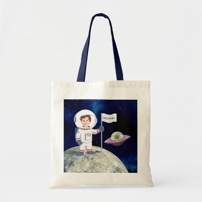 Custom Photo Spaceman on Moon Kids Tote Bag (Front)