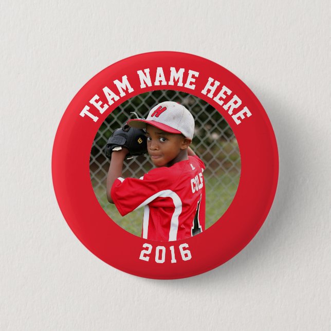 Custom Photo Sports pin / button with team name (Front)