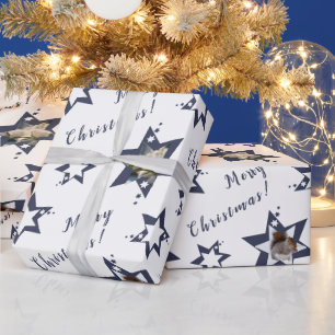 Custom Photo Stary Merry Christmas Purple Wrapping Paper