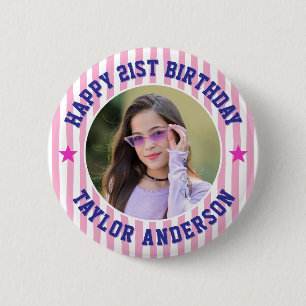 Custom Photo Stripe Pattern Happy Birthday 6 Cm Round Badge