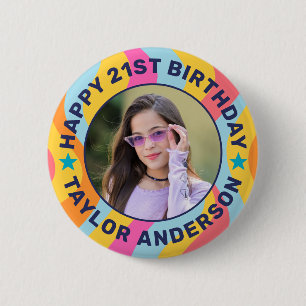 Custom Photo Swirl Pattern Groovy Happy Birthday 6 Cm Round Badge