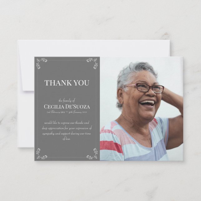 Custom Photo Sympathy Funeral Dark Grey Thank You Card (Front)