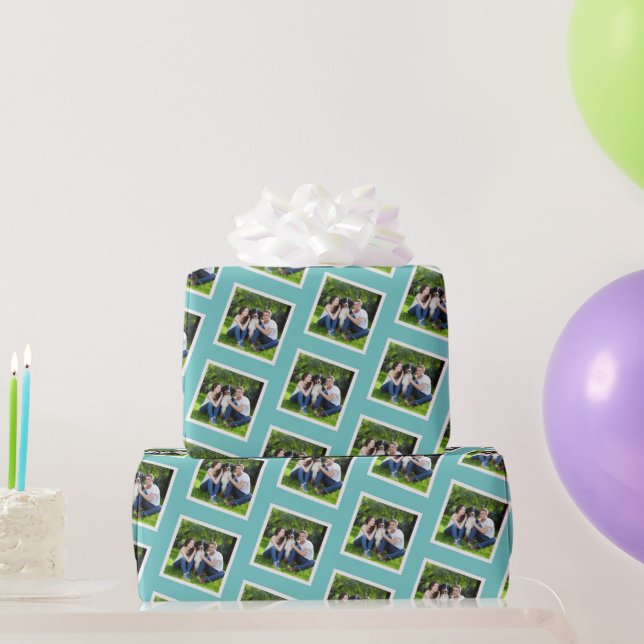 Custom Photo Teal Blue and White Wrapping Paper (Party Gifts)