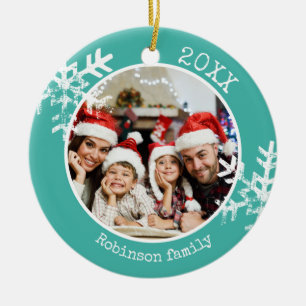 Custom Photo Teal Snowflake Ceramic Tree Decoration