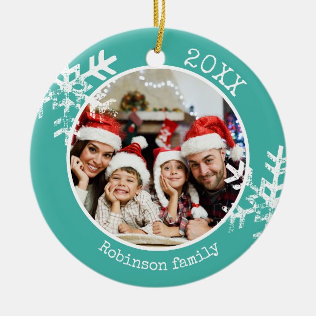 Custom Photo Teal Snowflake Ceramic Tree Decoration (Front)