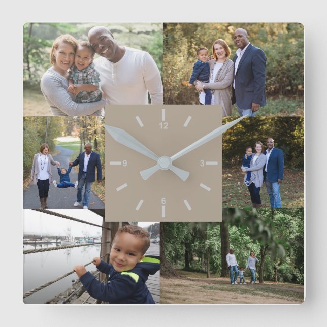 Custom Photo Template 6 Photos Family Beige Cream Square Wall Clock (Front)