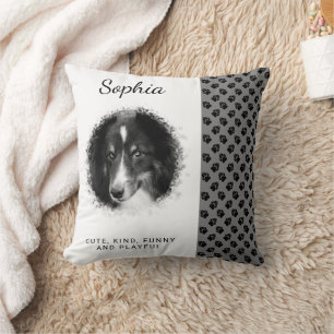 Custom Photo Template & Black Paws On Grey & Text Cushion