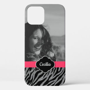 Custom Photo Template Girly Pink Zebra Stripes iPhone 12 Case