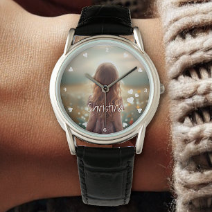 Custom Photo Template Name 3 Hearts Cute Simple  Watch