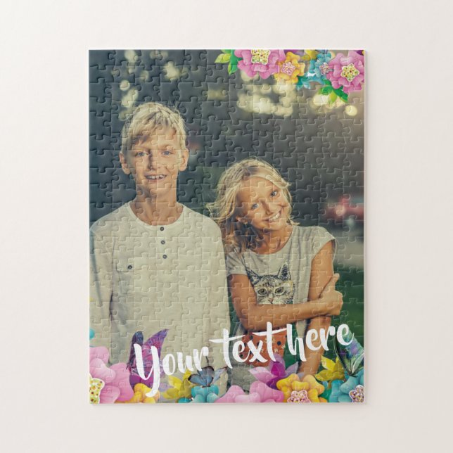 Custom Photo Text Animated Flowers and Butterflies Jigsaw Puzzle (Vertical)