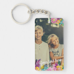 Custom Photo Text Animated Flowers and Butterflies Key Ring