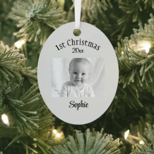 Custom Photo & Text Baby 1st Christmas Oval  Metal Tree Decoration