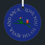 Custom photo text christmas rower navy metal tree decoration<br><div class="desc">A lovely Christmas ornament with a rowing theme. On the navy blue side is a pictogram rower transporting a heart,  with text which you can edit: "LOVE YOU TO THE RIVER AND BACK". On the other side,  upload your favourite rowing photo.</div>