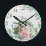 Custom Photo   Text | Elegant Geometric Greenery Round Clock<br><div class="desc">Custom Photo and Calligraphy Text Elegant Geometric Greenery frame Round Clock</div>