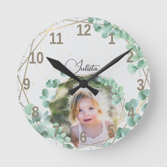 Custom Photo + Text | Elegant Geometric Greenery Round Clock (Front)