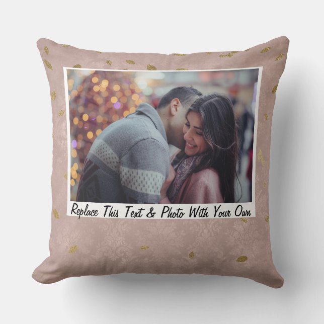 Custom / Photo & Text Glam Rose Gold Leaves Cushion (Front)