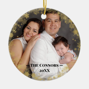 Custom Photo Text Gold Snowflake Frame Ceramic Tree Decoration