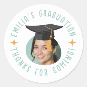 Custom Photo Text Graduation Hat Thank You Party  Classic Round Sticker