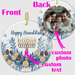 Custom photo & text Hanukkah Festival of Lights  Ceramic Tree Decoration<br><div class="desc">Introducing the Personalised Hanukkah Menorah Ornament! This round ceramic ornament is perfect for adding a festive touch to your Hanukkah celebrations. The front features a beautifully illustrated menorah with lit candles, surrounded by blue and white foliage, dreidels, and Stars of David. The text “Happy Hanukkah” is prominently displayed at the...</div>
