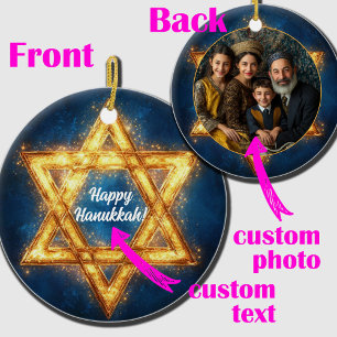Custom photo & text Happy Hanukkah, Star of David Ceramic Tree Decoration
