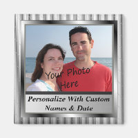 Custom Photo & Text On Classy Silver Framed Magnet