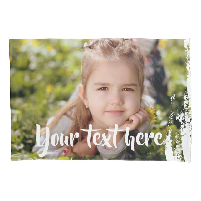 Custom Photo Text Pink White Paint Streaks Borders Pillowcase (Front)