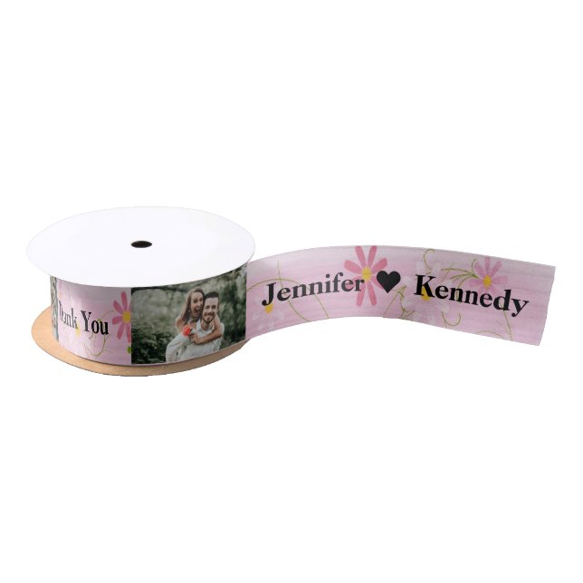 Custom Photo Thank you Couple Name Wedding Floral Satin Ribbon (Spool)