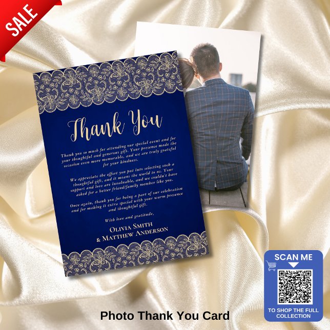 Custom Photo Thank You Rustic Blue Gold Lace Card (Creator Uploaded)