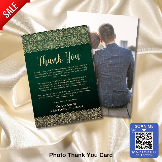 Custom Photo Thank You Rustic Emerald Gold Lace Card (Creator Uploaded)