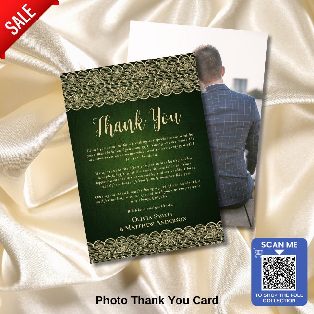 Custom Photo Thank You Rustic Green Gold Lace Card (Creator Uploaded)