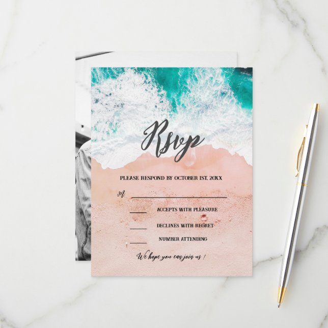  Custom Photo Tropical Beach Coastal Wedding RSVP Card (Front/Back In Situ)