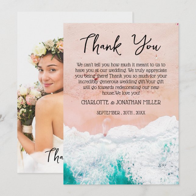 Custom Photo Tropical Coastal Beach Wedding  Thank You Card (Front/Back)