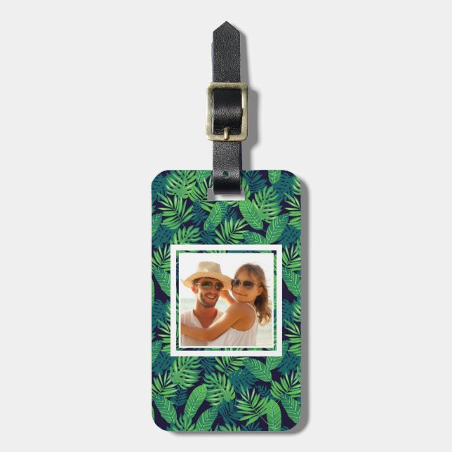 Custom Photo Tropical Leaves Pattern Luggage Tag (Front Vertical)