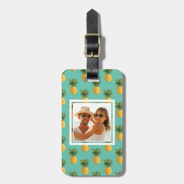 Custom Photo Tropical Pineapples On Teal Luggage Tag (Front Vertical)