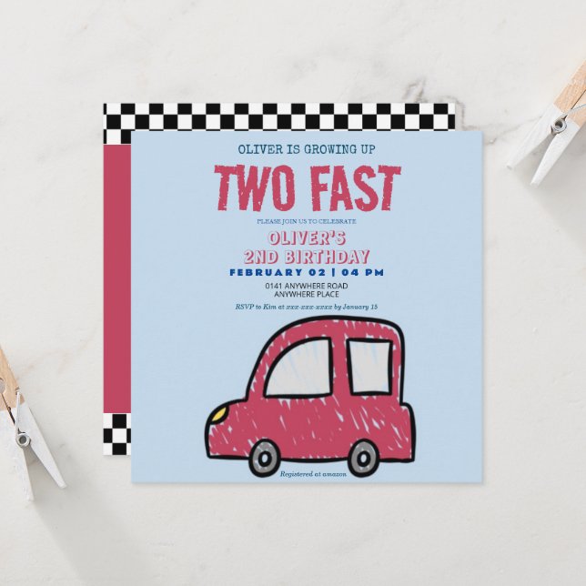 Custom photo, Two fast car theme boy 2nd birthday  Invitation (Front/Back In Situ)