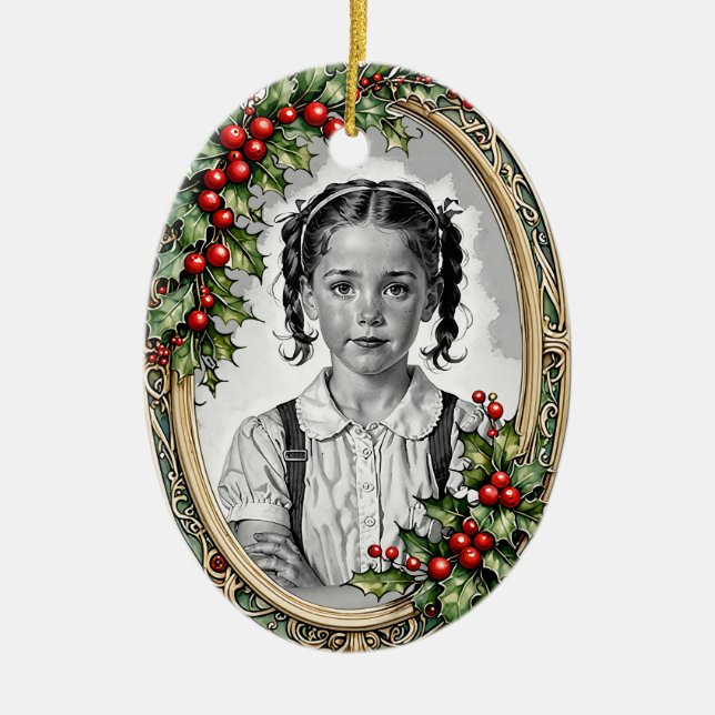 Custom photo two-sided holly framed Christmas Ceramic Tree Decoration (Front)
