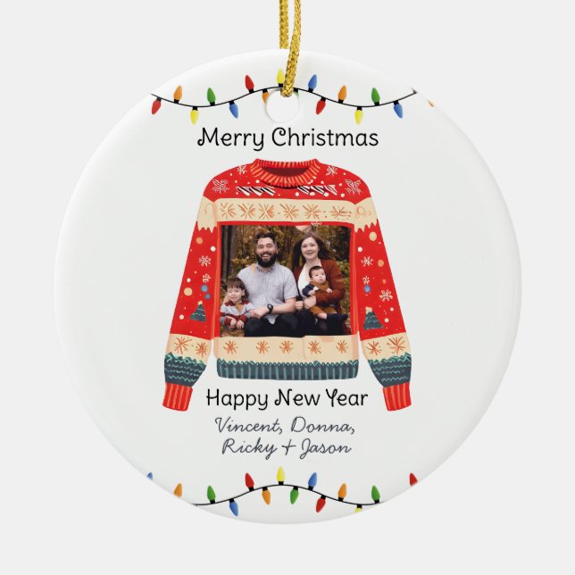 Custom Photo Ugly Christmas Sweater Ceramic Tree Decoration (Front)