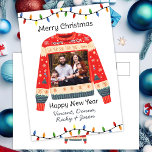 Custom Photo Ugly Christmas Sweater Postcard<br><div class="desc">Add your Custom Photo to this Ugly Christmas Sweater Design with strings of Christmas lights. Merry Christmas,  Happy New Year,  ready to be personalised. A fun novelty personalised fun Family Christmas card.</div>