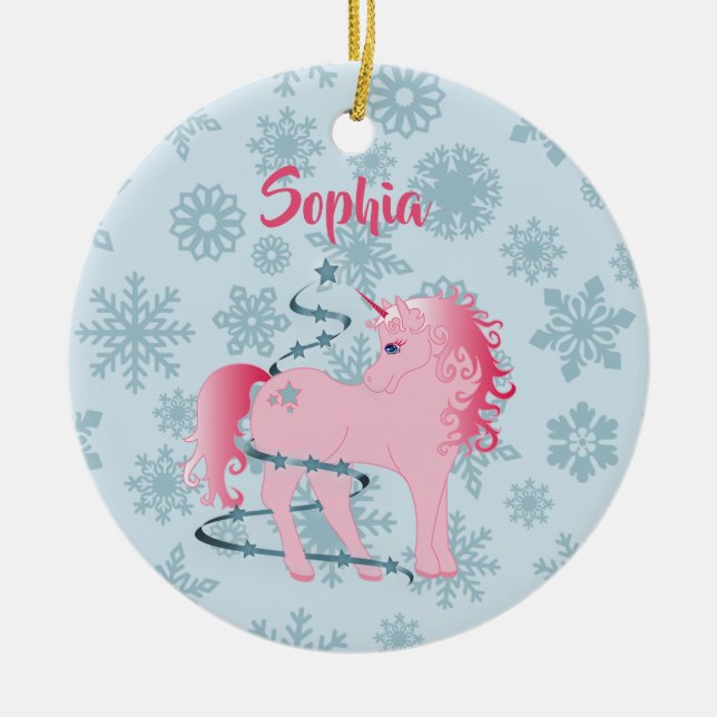 Custom Photo Unicorn Pink Cute Girl Christmas Ceramic Tree Decoration (Front)