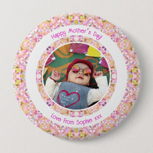 Custom Photo Vibrant Pink Happy Green Mother’s Day 10 Cm Round Badge