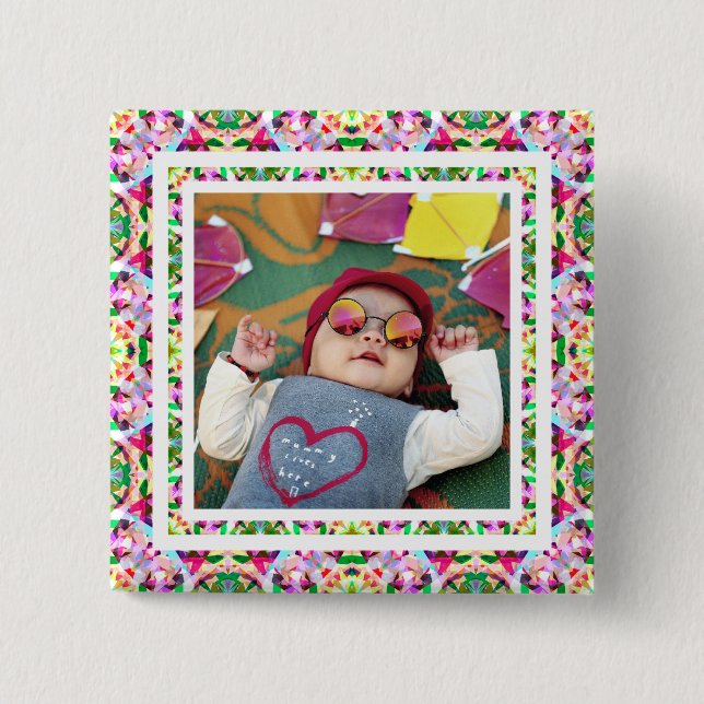 Custom Photo Vibrant Pink Happy Green Mother’s Day 15 Cm Square Badge (Front)